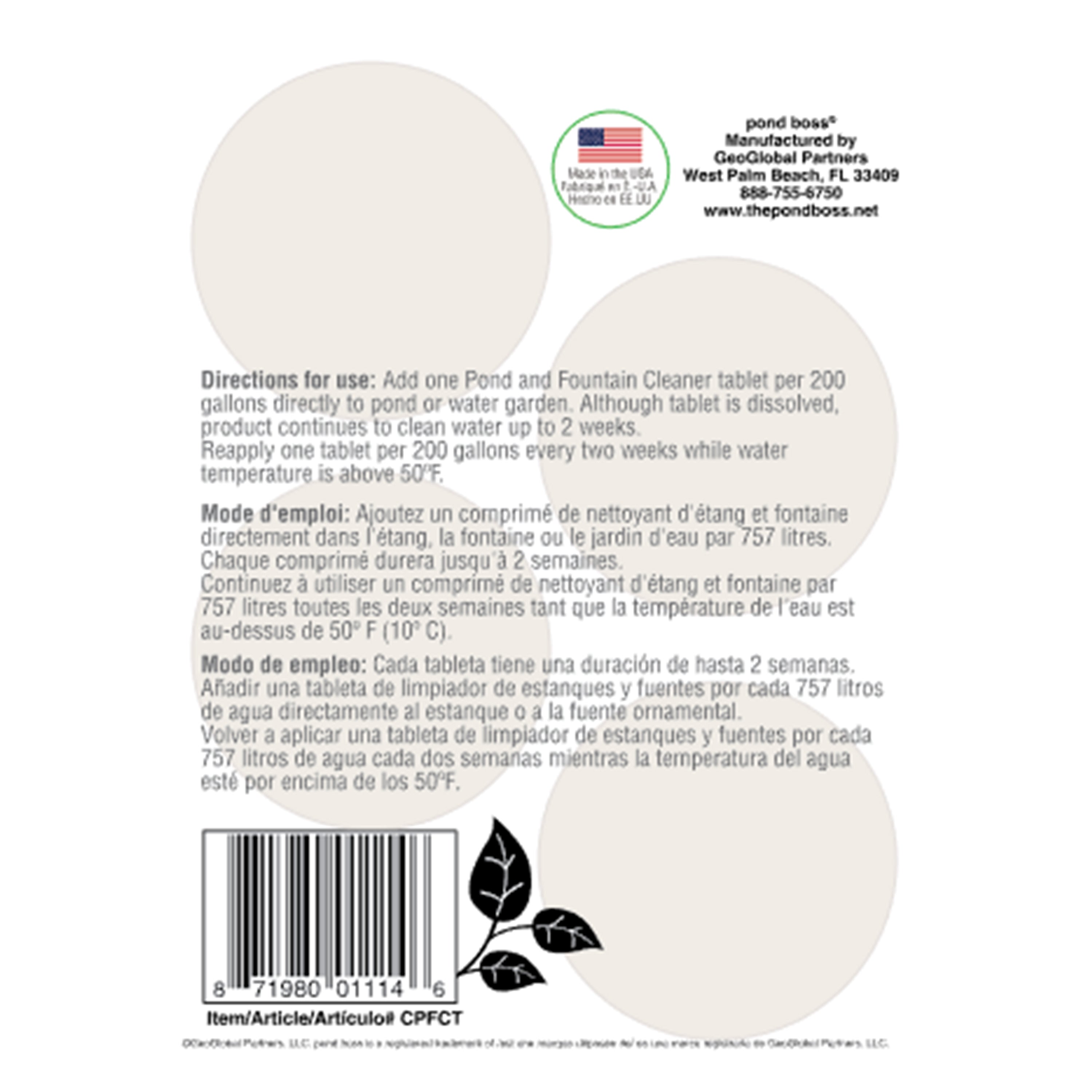 Pond and Fountain Cleaner Tablets Back of Label